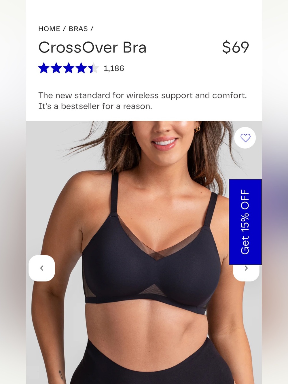 Honeylove Black CrossOver Wireless Bra with Sheer Trim M